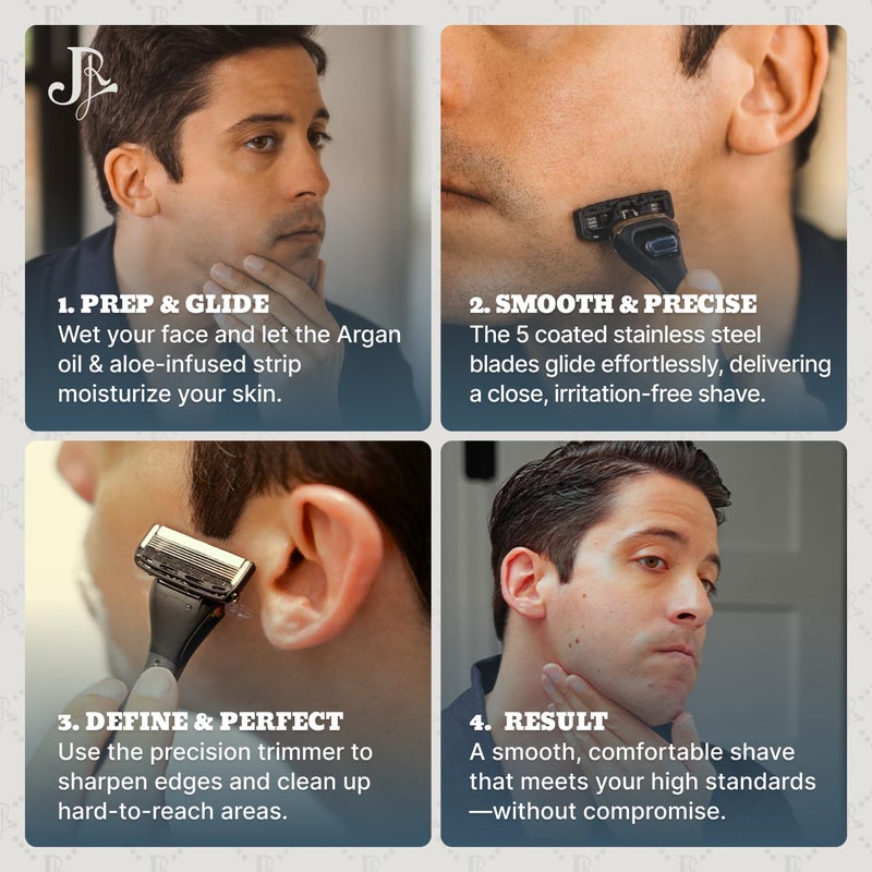 Jeremy's Razors for Men: Precision 5 Blade Razor - Stainless Blades, Lubricating Strip, Precision Trimmer - Men's Shaving Essentials Kit, Travel Shaver Face Body Head Shavers (1 Razor 1 Cartridge) - Image 5